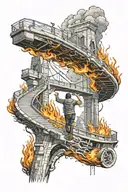 bridge burning with guy setting it on fire flames tattoo design idea
