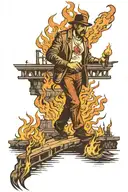 bridge burning with a guy with a torch stood infront tattoo design idea