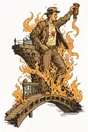 bridge burning with a guy with a torch stood infront tattoo design idea
