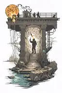 bridge burning with a guy with a torch stood infront tattoo design idea