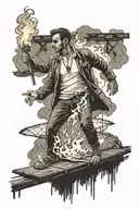 bridge burning with a guy with a torch stood infront tattoo design idea