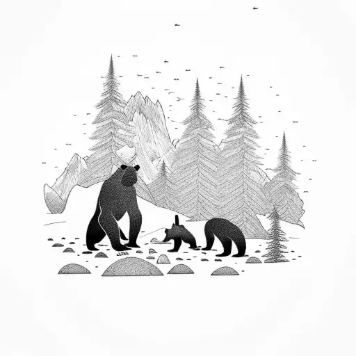 dad and son bear in front of trees, waterfall and mountains tattoo design idea