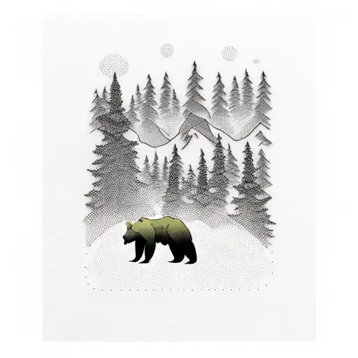 dad and son bear in front of trees, waterfall and mountains tattoo design idea