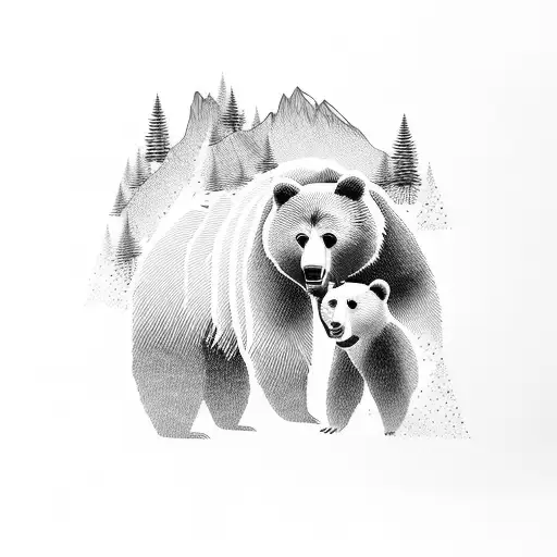 dad and son bear in front of waterfall and mountains tattoo design idea