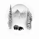 dad and son bear in front of trees, and mountains tattoo design idea