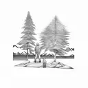dad and son bear in front of trees, and mountains tattoo design idea