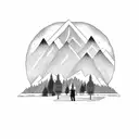 dad and son bear in front of trees, and mountains tattoo design idea