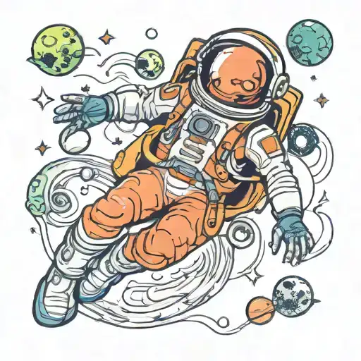 An alien astronaut floating in space surrounded by swirling galaxies tattoo design idea