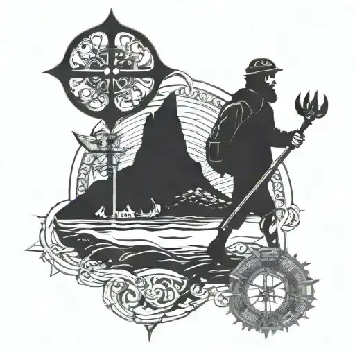 camino de Santiago sea scallop with male cutout walking and the st. James cross tattoo design idea