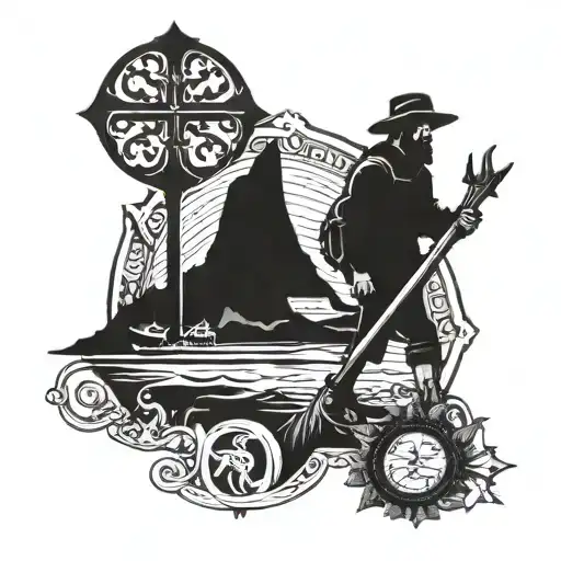 camino de Santiago sea scallop with male cutout walking and the st. James cross tattoo design idea