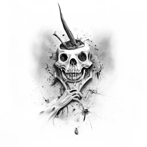 A macabre painting coming to life, with horror movie characters emerging from the canvas tattoo design idea