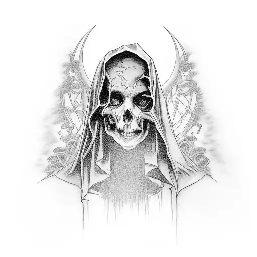 A hauntingly beautiful portrait of a ghostly figure holding a paintbrush in front of a gothic church tattoo design idea