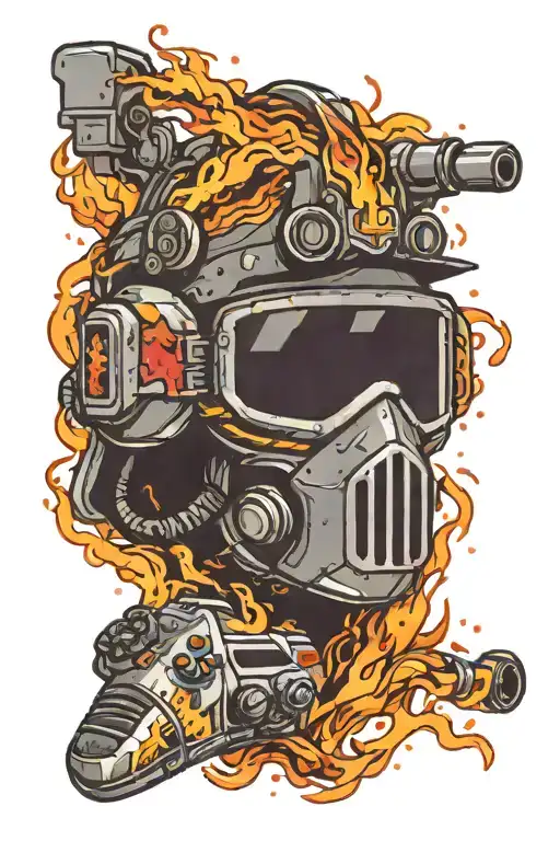 A pixelated gaming controller intertwined with a flaming firefighter's helmet, merging your interests in gaming and firefighting in a unique way tattoo design idea