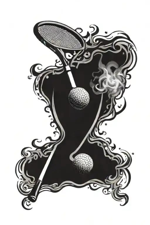 A tennis racket and ball transformed into a fiery blaze with smoke and flames, symbolizing your passion for tennis and firefighting tattoo design idea