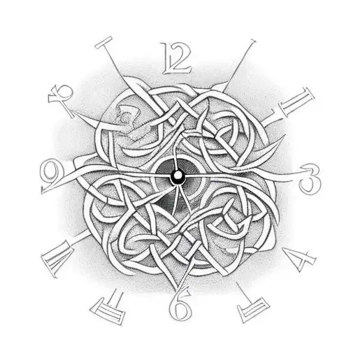 celtic family tree with clocks in roots tattoo design idea