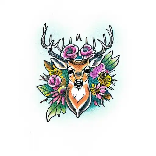 deer with antlers and flowers  tattoo design idea