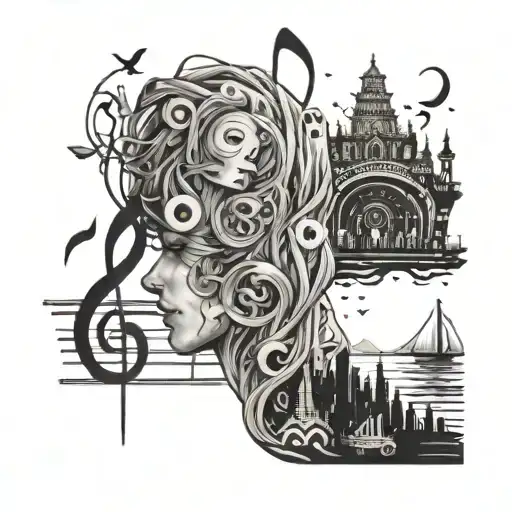 A unique tattoo combining music symbols, anime imagery, and travel elements with a focus on life theory, love, sadness, anxiety, and meaning tattoo design idea