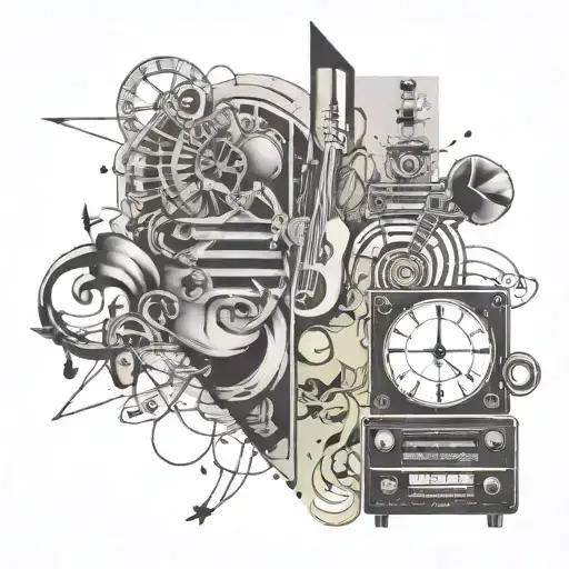 A unique tattoo combining music symbols, anime imagery, and travel elements with a focus on life theory, love, sadness, anxiety, and meaning tattoo design idea