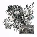 A unique tattoo combining music symbols, anime imagery, and travel elements with a focus on life theory, love, sadness, anxiety, and meaning tattoo design idea