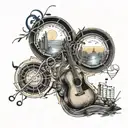 A unique tattoo combining music symbols, anime imagery, and travel elements with a focus on life theory, love, sadness, anxiety, and meaning tattoo design idea