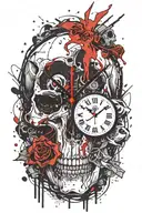 sabertooth skull clock surrounded tattoo design idea