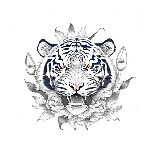 A full body tiger surrounded by oriental lilies and minimalistic flowers tattoo design idea