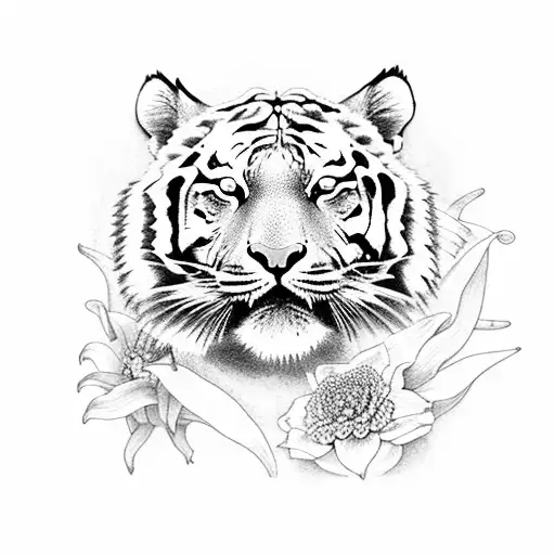 A full body tiger surrounded by oriental lilies and minimalistic flowers tattoo design idea
