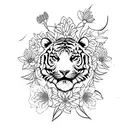A full body tiger surrounded by oriental lilies and minimalistic flowers tattoo design idea