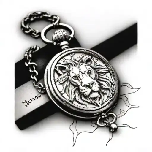 pocket watch, compass, lion head  tattoo design idea