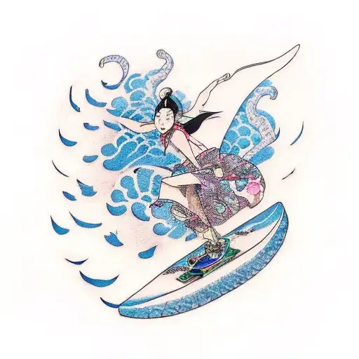 A skateboard transformed into an elegant woman gliding through the air tattoo design idea