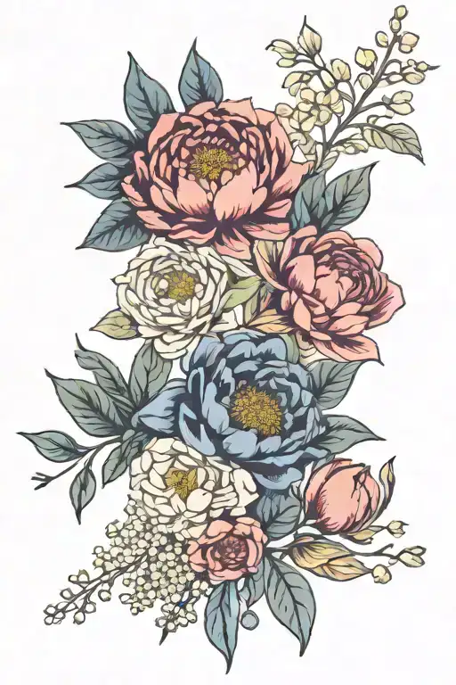 prussian blue, dahlia, rose, poppy, ground laurel, daffodil, sakura, lily of the valley, honeysuckle, water lily, holly tattoo design idea