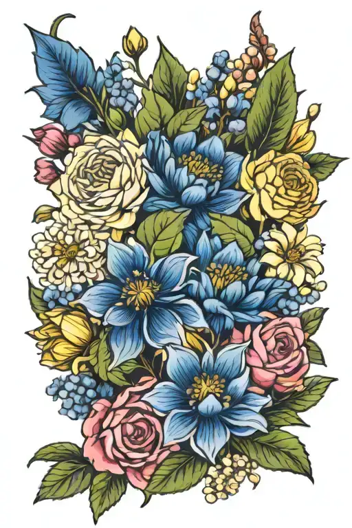 prussian blue, dahlia, rose, poppy, ground laurel, daffodil, sakura, lily of the valley, honeysuckle, water lily  tattoo design idea