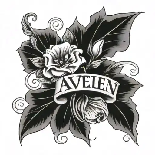The name "Aveleen", Fancy Font, Rose flower and morning glory flower wrapping around the name "Aveleen" tattoo design idea