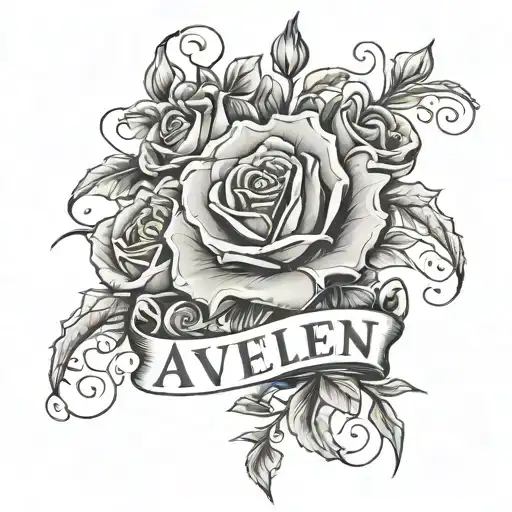 The name "Aveleen", Fancy Font, Roses and morning glory flower wrapping around the name "Aveleen" tattoo design idea