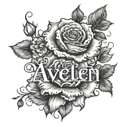 The name "Aveleen", Fancy Font, rose flower and carnation flower wrapping around the name "Aveleen  tattoo design idea