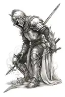 In the form of a pencil drawing, a knight stands with his head slightly bent forward, with the pointed tip of his sword  tattoo design idea