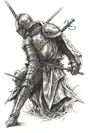 In the form of a pencil drawing, a knight stands with his head slightly bent forward, with the pointed tip of his sword  tattoo design idea