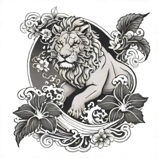 black and white Hibiscus flower and The Great Wave and singha lion tattoo design idea