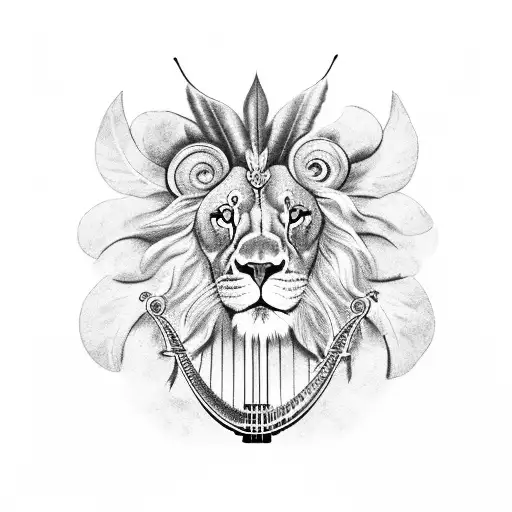 Flemish lion holding a guiness harp and Native American feathers tattoo design idea