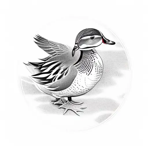 mandarin duck in black line circle tattoo design idea