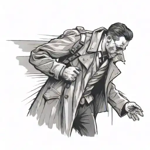 man in trench coat flashing what he has in coat tattoo design idea