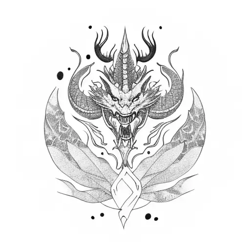 elegant dragon with horns and fierce but friendly facial expression surrounded by tropical plants tattoo design idea