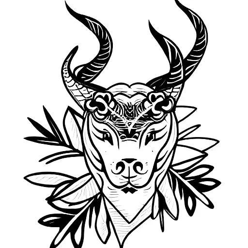 elegant dragon with horns and friendly facial expression. body surrounded by tropical plants tattoo design idea
