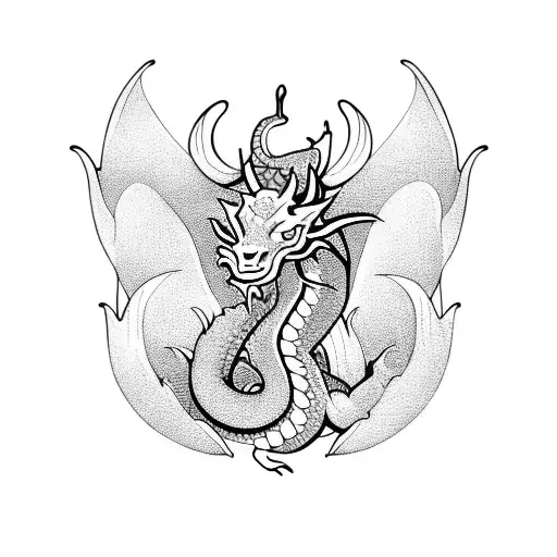 elegant dragon with horns and friendly facial expression. body surrounded by tropical plants tattoo design idea