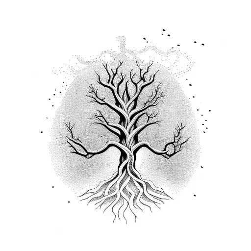 A majestic tree with intricate roots intertwined with the word 'Yeshua' tattoo design idea