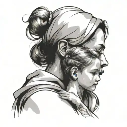 A stylized portrait of a mother and child embracing, with a subtle teacher motif integrated into the design tattoo design idea