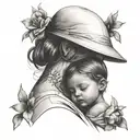 A stylized portrait of a mother and child embracing, with a subtle teacher motif integrated into the design tattoo design idea