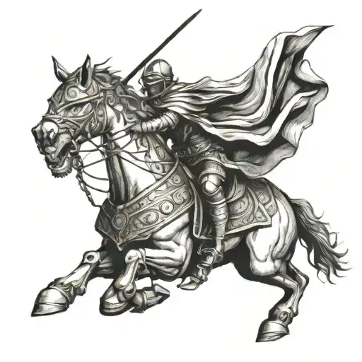 Illustrate a stoic warrior in battle, embodying the virtues of courage and wisdom tattoo design idea