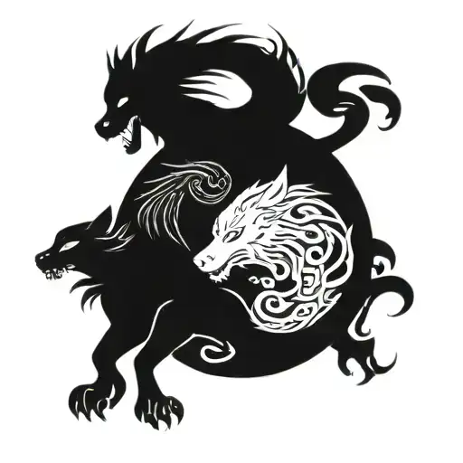 wolf and dragon intertwined within the yin yang symbol, with the wolf representing yin and the dragon representing yang tattoo design idea