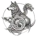 tattoo sketch featuring a wolf and dragon in a yin yang design tattoo design idea